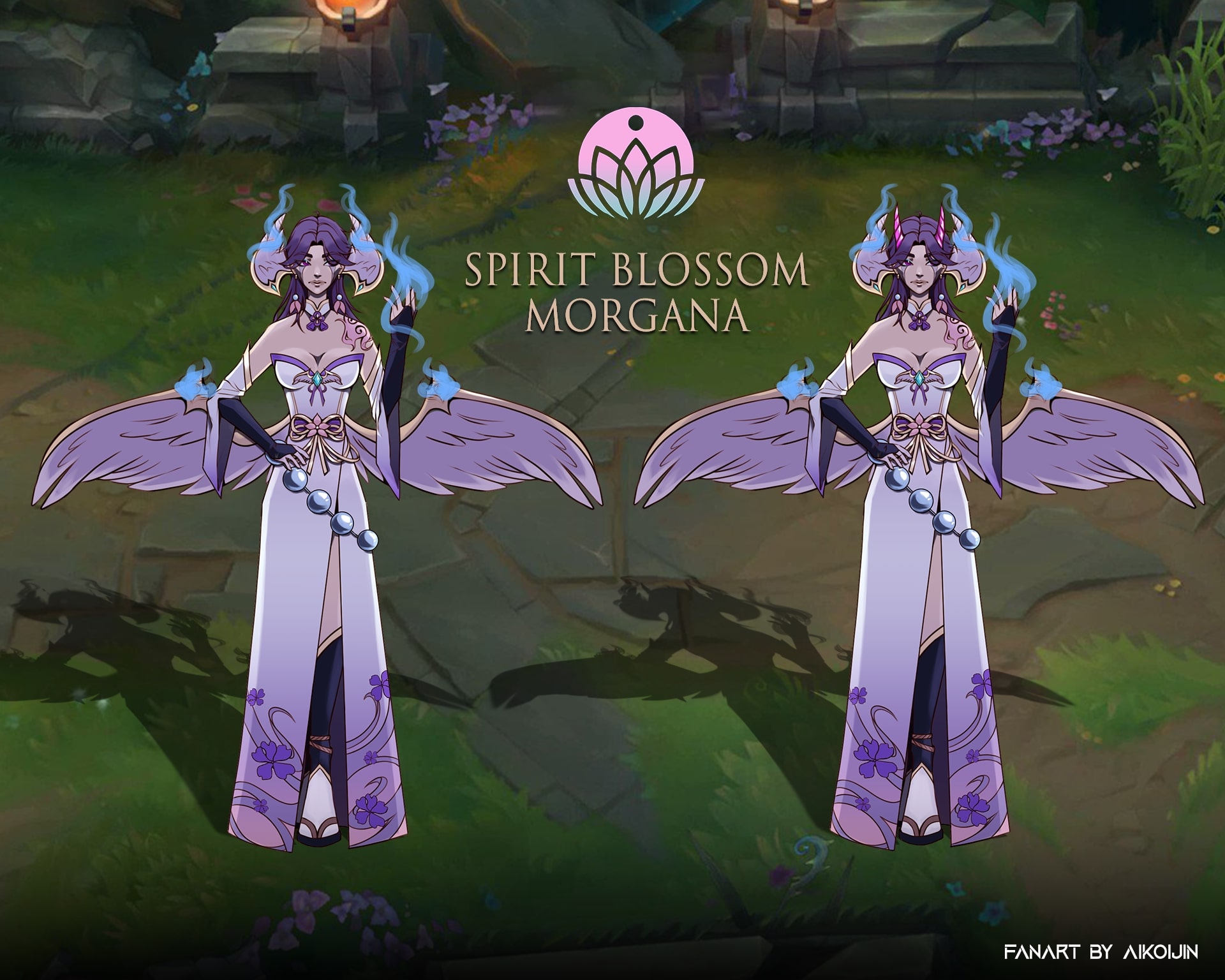 This was one of my first fan-made skin concepts I made for League of Legends and I decided to explore the Spirit Blossom Skinline that was based on the idea of the afterlife and a time where the dead visit their loved ones. Some core features of the skinline were Japanese apparel, cherry blossom motifs, and purple,blue,pink hues. || When concepting this concept, I wanted to give Morgana a standard kimono and push for the geisha look but later decided to change it and made it a bit more ornamented and follow the flow of her original dress as well as keeping the wings feathery but added spirit flames to make her more recognizable champion-wise.