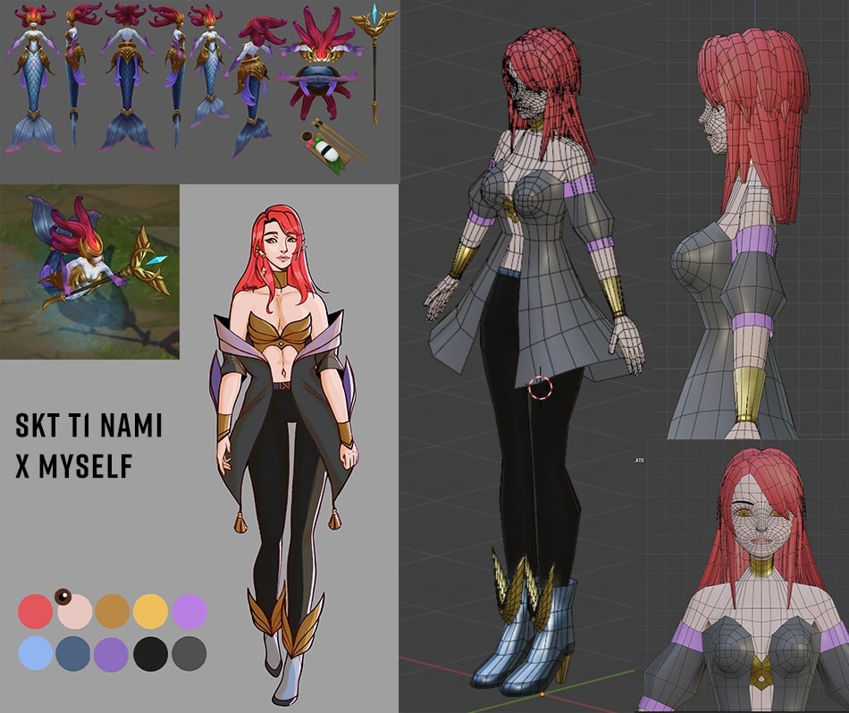 In one of my classes, I was tasked with creating a character resembling myself and going from concept to 3D model and animation (run cycle.) I decided to merge myself and SKT T1 Nami since T1 is my favorite esports team and Nami was my best champion. || In the process of designing the character, I kept my length of hair, color of eyes, as well as body silhouette of mine and took inspiration from Nami’s armor and color palette to create the chest armor, boots, fins, and jacket. I decided to keep the iconic red hair of Nami since it was a key feature of her design second to the gold armor. However, I kept the eyes brown as I wanted to keep some aspects of my real profile in the design. I decided not to copy the tail verbatim and instead translated the tail into the boots and jacket as well as the arm fins (similar to arm blades).