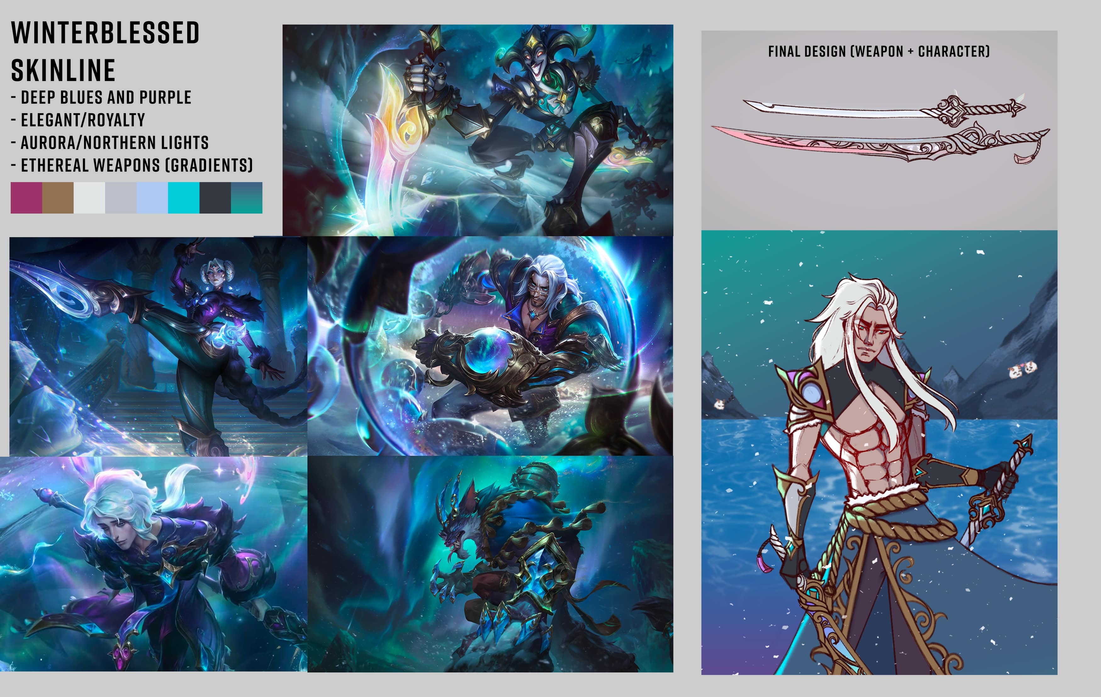 I wanted to explore the Winterblessed skinline that focused on deep blues and purple symbolic of the Northern Lights and decided to keep the color palette limited to cool colors with gold accent colors. In my design, I decided to do the weapons first since that is the core focus of the skinline with crystal/orb-like weapons and gradients to give the feeling of ethereality. || When it came to costume design, I decided to keep Yone’s upper body exposed similar to his base skin and focus more on the bottom half of his design with the upper half more simplistic.