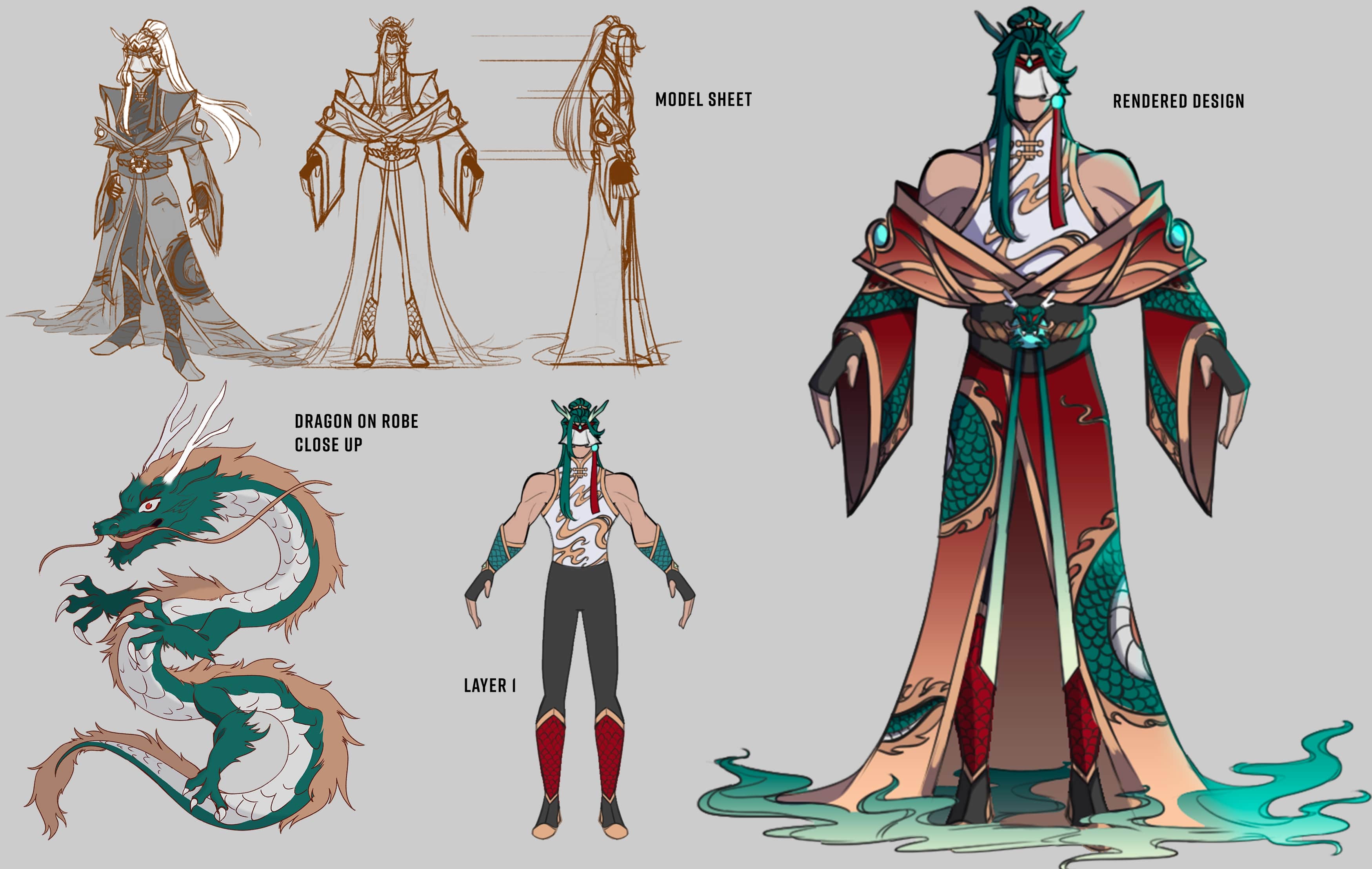After solidifying on a design, I started playing with Royal Reds, Gold along with the blacks and whites to match the Heavenscale skin line. Originally, he had a white role with a red dragon and gold accents but later on I decided to focus more on the gradients of crimson, ombre, and jade that were the core palette of the skinline. 